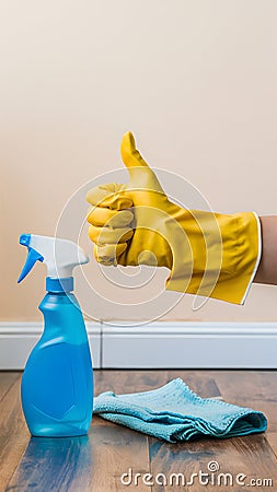 Yellow gloved hand gives thumbs up near blue spray bottle and cloth on floor Stock Photo