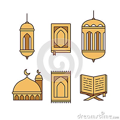 Yellow gold color ramadhan icon set with lantern lamp, al qur`an book, mosque, and prayer mat Vector Illustration