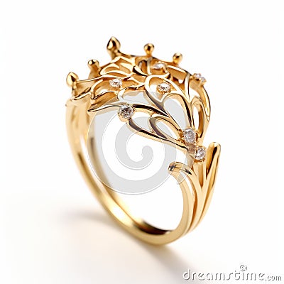 Ethereal Trees Gold Ring With Diamond Leaves Stock Photo