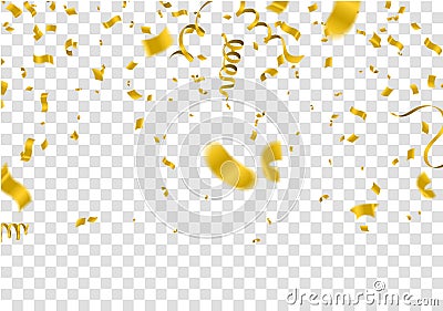 Yellow and golden baloons on the upsteirs with golden confetti isolated on background. illustration of beautiful, candy, glossy Vector Illustration