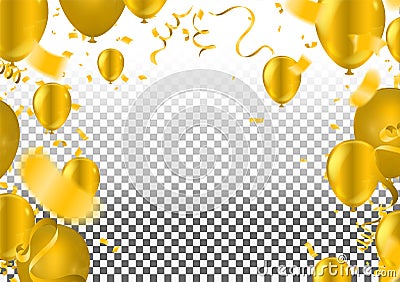 Yellow and golden baloons on the upsteirs with golden confetti isolated on background. illustration of beautiful, candy, glossy Vector Illustration