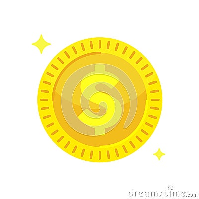 Yellow golden dollar coin. Money vector element. Casino jackpot win symbol. Vector Illustration