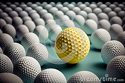 A yellow golf ball standing out from the crowd. Individuality cobcept. Generative ai Stock Photo