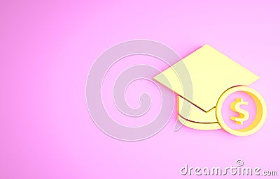 Yellow Graduation cap and coin icon isolated on pink background. Education and money. Concept of scholarship cost or Cartoon Illustration