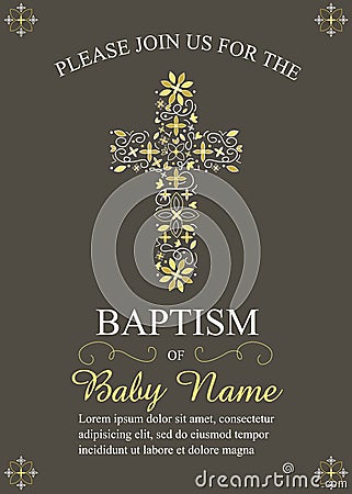 Yellow and Gray Baptism/Christening/First Communion/Confirmation Invitation with Cross Design Vector Illustration