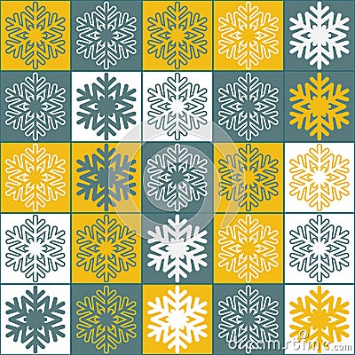 Yellow gray snowy christmas background, decorative illustrations seamless pattern, square with snowflake, repeat vector Vector Illustration