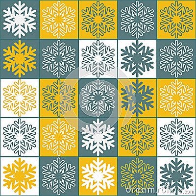 Yellow gray snowy christmas background, decorative illustrations seamless pattern, square with snowflake Vector Illustration