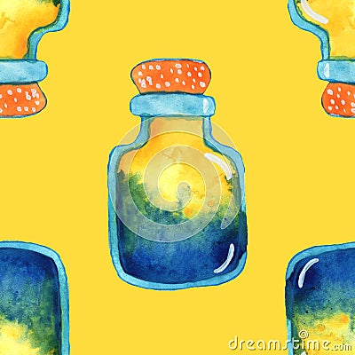 Yellow, green and blue isolated magic potion bottle. Hand drawn watercolor alchemy. Occultism and witchcraft drink. Fairy tale eli Stock Photo