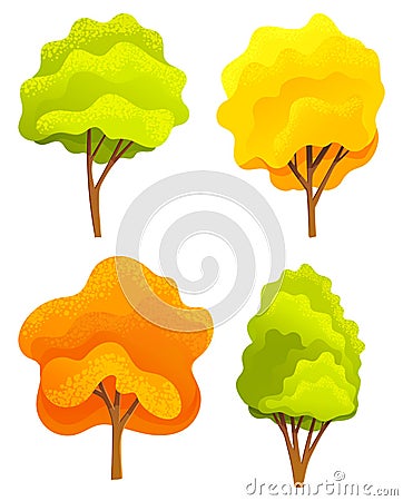 Yellow and green bright autumn tree set with a lush crown, thik brown trunk and branches on white Vector Illustration