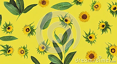 Yellow green composition for decorating postcard with cheerful sunny sunflowers. Stock Photo