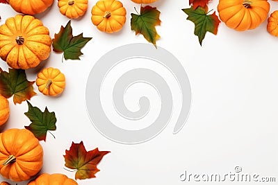 Yellow and green dried leaves and small orange pumpkins on white background, top view, copy space. Halloween, Thanksgiving holiday Stock Photo