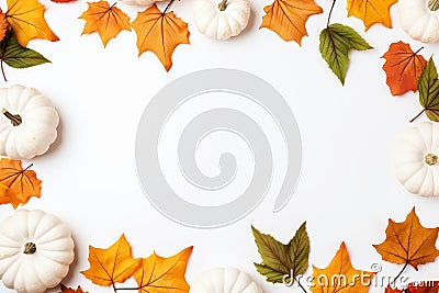 Yellow and green dried leaves and small orange pumpkins on white background, top view, copy space. Halloween, Thanksgiving holiday Stock Photo