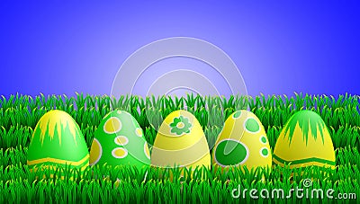 Yellow Green Easter Eggs in Grass Cartoon Illustration