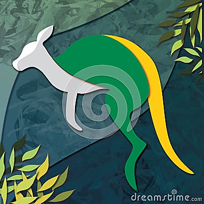 Yellow and Green Kangaroo Illustration against a Blue Green Background Cartoon Illustration
