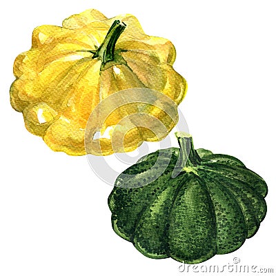 Yellow and green patty pan squash isolated on white background Stock Photo