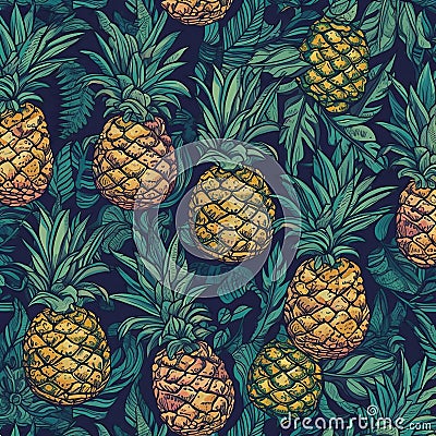 yellow and green pineapples on a navy blue background Stock Photo