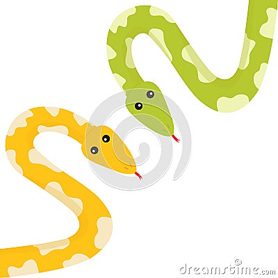 Yellow green python snake set with tongue. Golden crawling serpent and spot. Cute cartoon character. Flat design. White background Vector Illustration