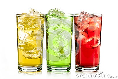 Yellow, green and red drink with ice cubes on white background, isolated Stock Photo