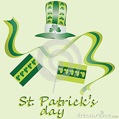 Yellow-green set for St. Patrick`s Day. Vector design elements set. Festival st patrick day icons shamrock lucky spring. happy cel Vector Illustration