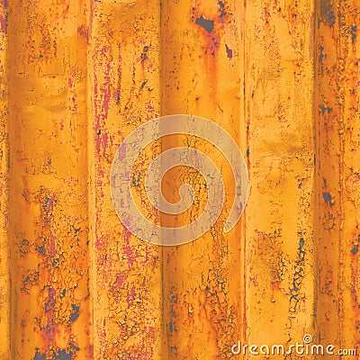 Yellow grunge sea freight container background, dark rusty corrugated pattern, red primer coating, vertical rusted detailed steel Stock Photo