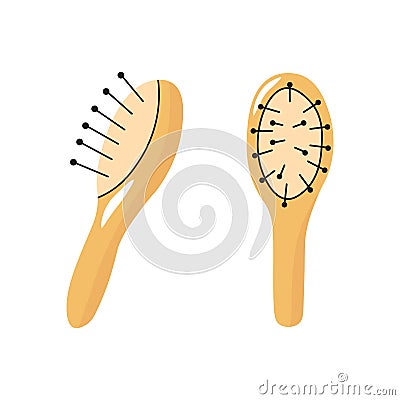 Yellow hairbrushes set illustrations in doodle style. Cartoon y2k comb set for hair. Vector Illustration