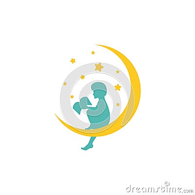 Yellow half moon and stars and boy with book. Kids fantasy. Isolated on white. Flat design. Vector Illustration