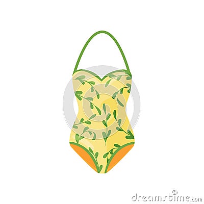 Yellow halter swimsuit with natural pattern. Women clothing. Stylish swimwear. One-piece bodysuit. Flat vector icon Vector Illustration