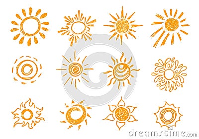Yellow Hand Drawn Chalk Sun Sign Icon Set. Vector Vector Illustration