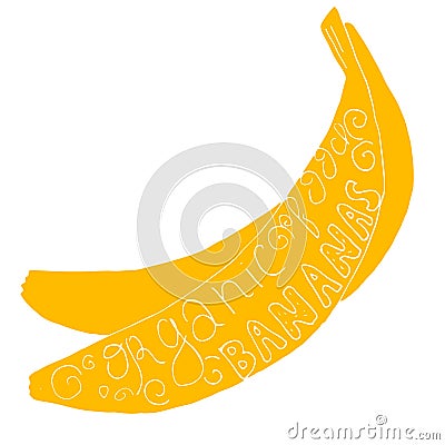 Yellow hand drawn vector bananas with text inside of it. Vector Illustration