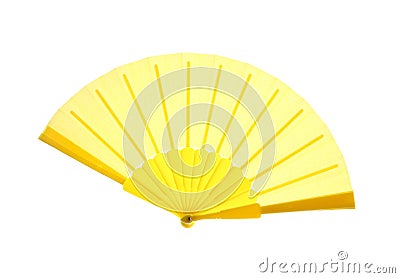 Yellow hand fan isolated on white, top view Stock Photo