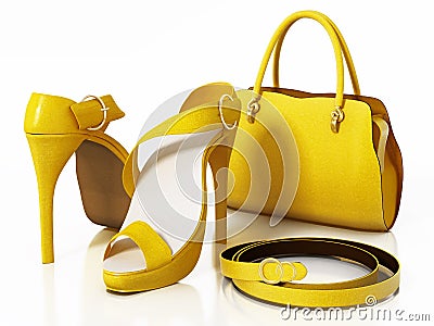 Yellow handbag, shoes and belt isolated on white background. 3D illustration Cartoon Illustration