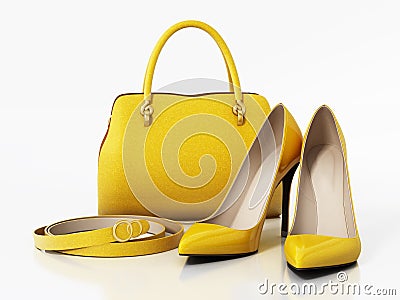 Yellow handbag, shoes and belt isolated on white background. 3D illustration Cartoon Illustration