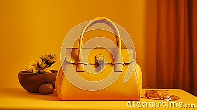 Yellow Handbag On A Table: A Timeless Elegance In Still Life Photography Stock Photo