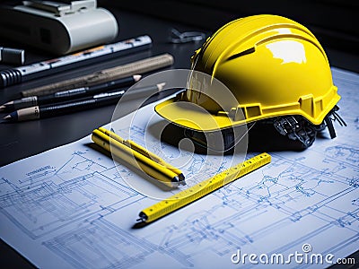 Yellow hard safety helmet hat and architecture project. ai generative Stock Photo