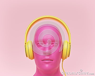 Headphone and mannequin head on pastel background. listening music. 3d rendering Stock Photo