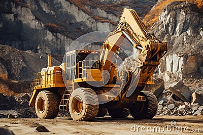 Yellow heavy equipment truck in the quarry. Beautiful illustration picture. Generative AI Cartoon Illustration