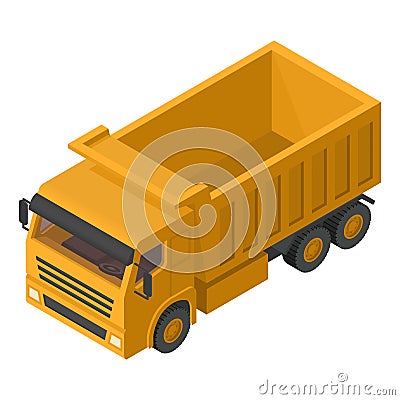 Yellow heavy machinery with isometric dump truck front view on white background Vector Illustration