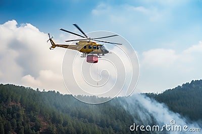 Extensive forest landscape and helicopter squirting overflowing water Stock Photo