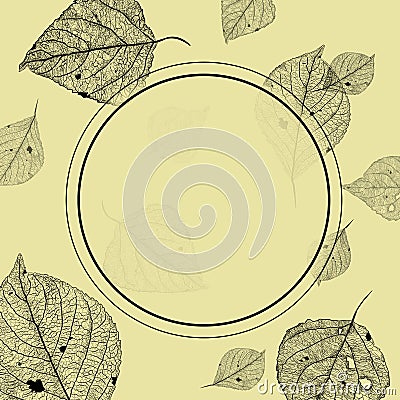 yellow herbal template with round frame and leaf carcasses Stock Photo