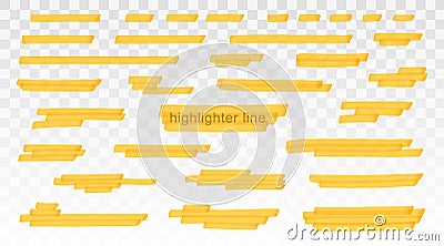 Yellow highlighter lines set isolated on transparent background. Marker pen highlight underline strokes. Vector hand Vector Illustration