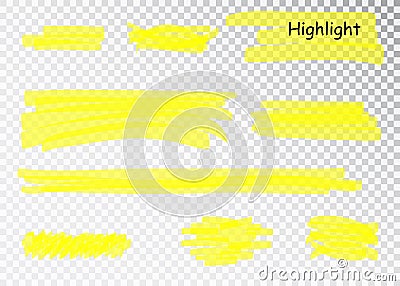 Yellow Highlighter Marker Strokes. Vector brush pen underline lines. Yellow watercolor hand drawn highlight set. Vector Illustration