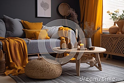 yellow home pillow sofa boho grey interior cushion house modern decor. Generative AI. Stock Photo