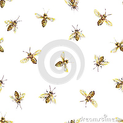 Yellow honey bees on a white background. Acrylic painting. Insects bee art. Handwork. Seamless pattern Stock Photo