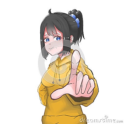 yellow Hoodie girl with pointing finger Stock Photo