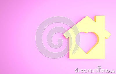 Yellow House with heart inside icon isolated on pink background. Love home symbol. Family, real estate and realty Cartoon Illustration