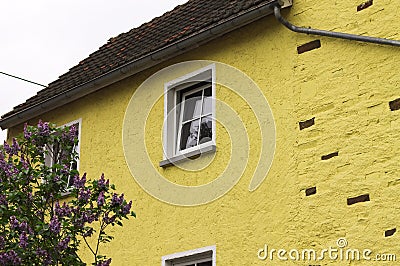 Yellow house with holes in Moselkern, Germany Stock Photo