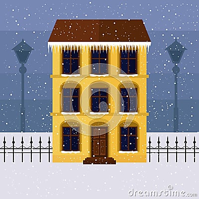 Yellow house on winter street Vector Illustration