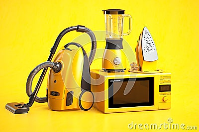 Yellow household appliances on yellow background. Set of home technics Cartoon Illustration