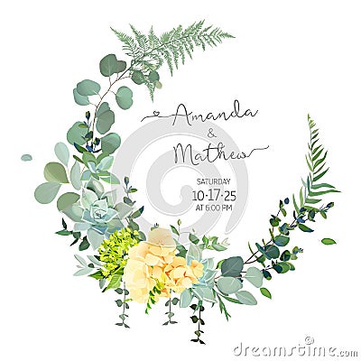 Yellow hydrangea, mustard rose, peony, white iris, orchid, spring garden flowers Vector Illustration