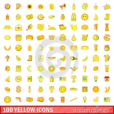 100 yellow icons set, cartoon style Vector Illustration